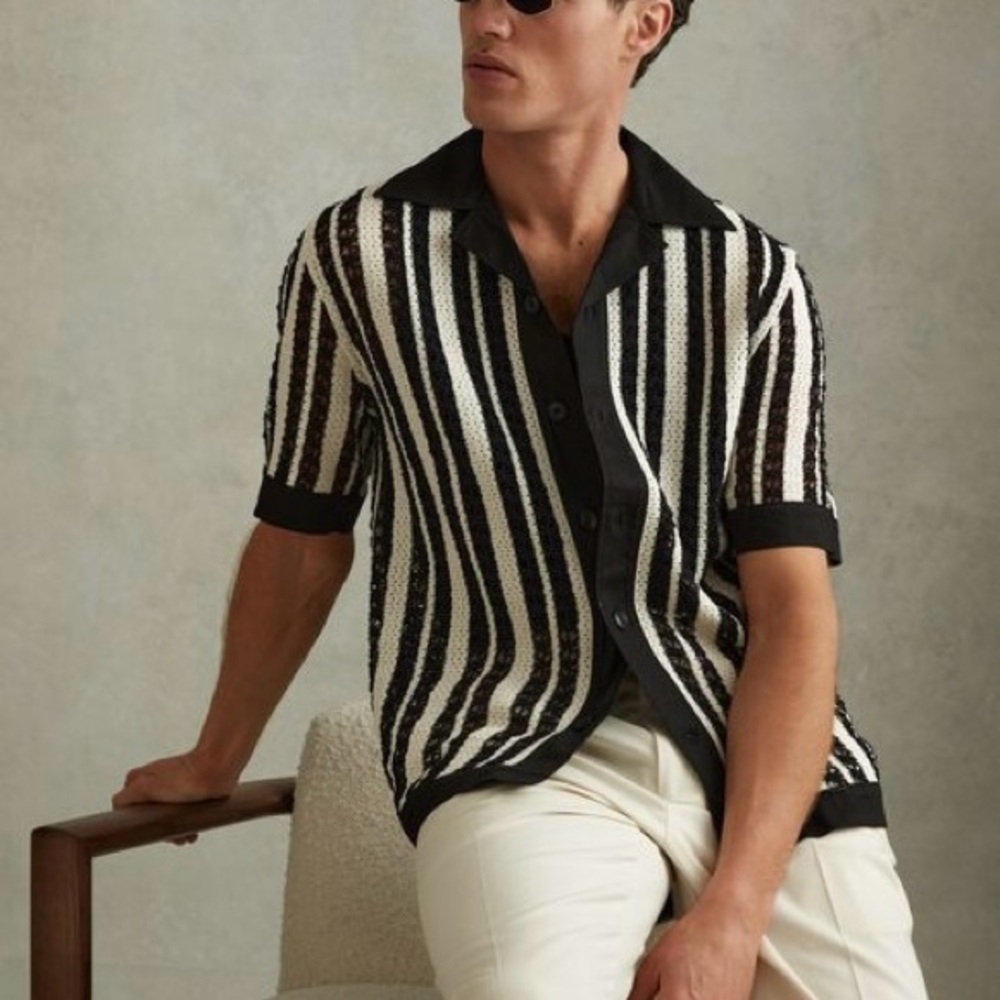 SOLD Reiss Black and Ecru Open Knit Camp Collar Shirt